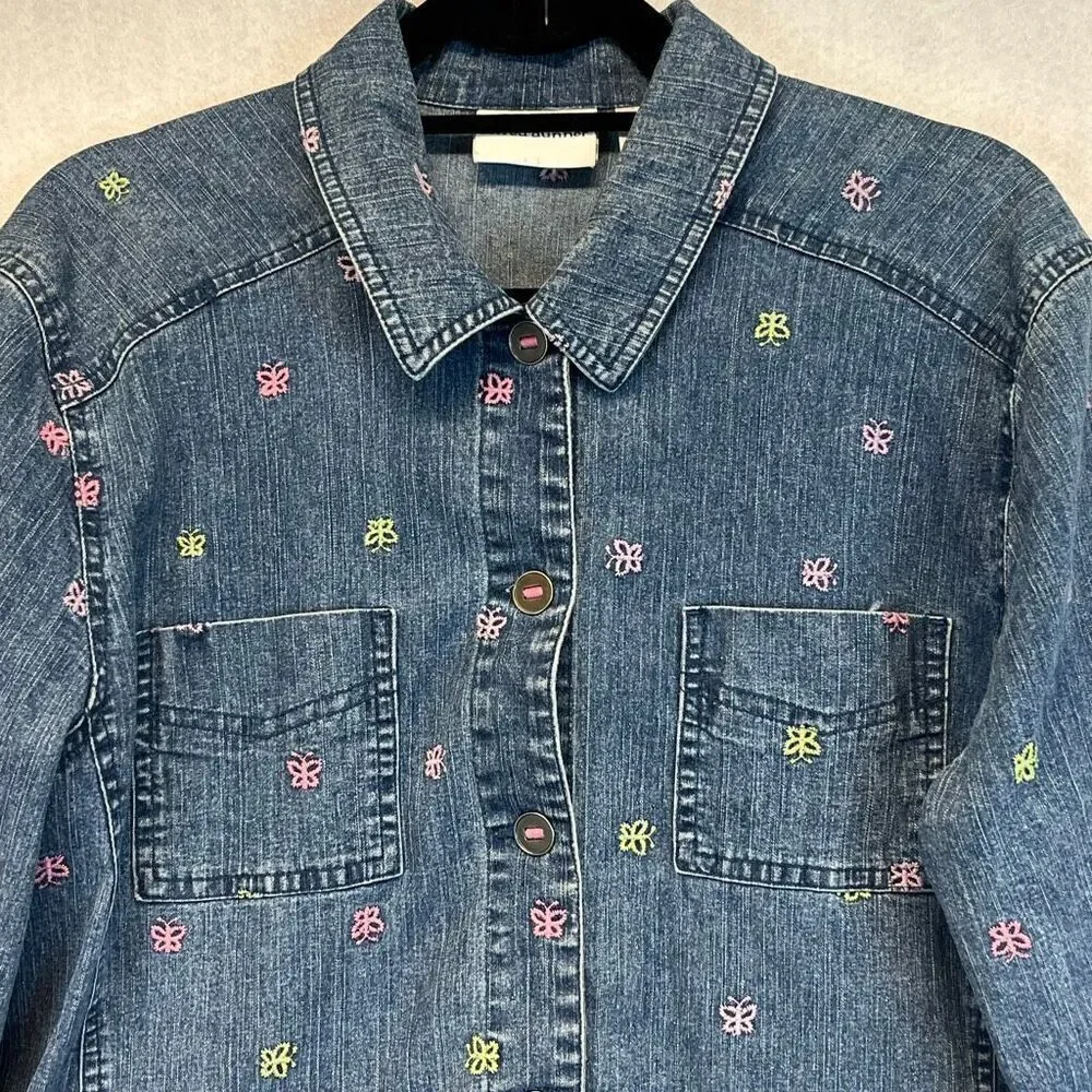Vintage ALFRED DUNNER Denim Jacket Size 12‎ Blue 80s Embroidered Butterfly Cute!
